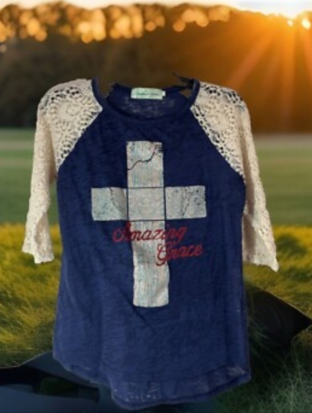 Amazing Grace Navy Lace-Sleeve Top